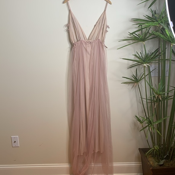 Dusty Rose Plunge Front Backless Tulle Train Floral Applique Gown Slip Dress M - Picture 16 of 16